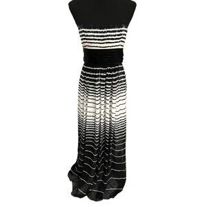 BCBG Maxazria Maxi Dress Silk Strapless Black White Size 2